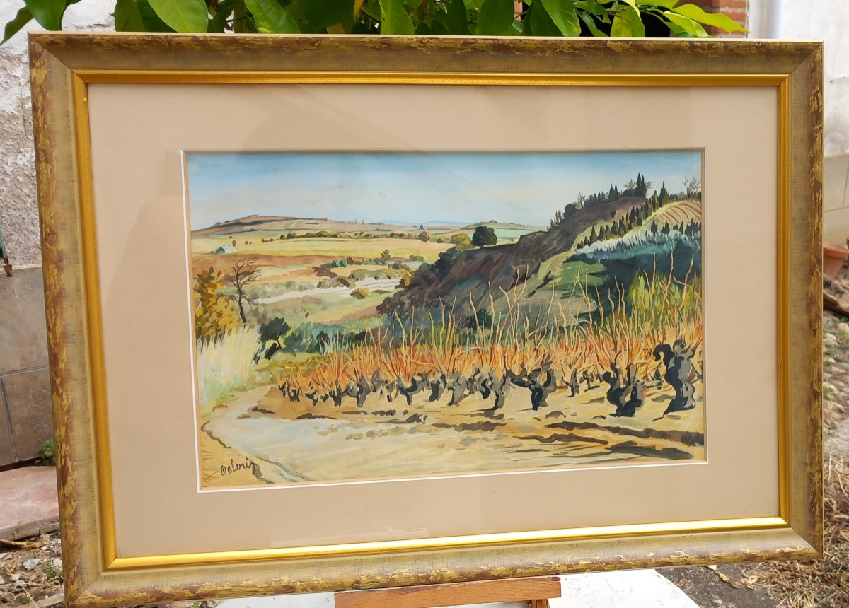 Marcel Delaris 1911-1995 Landscape Provençal Vineyards Mixed Media On Paper-photo-2