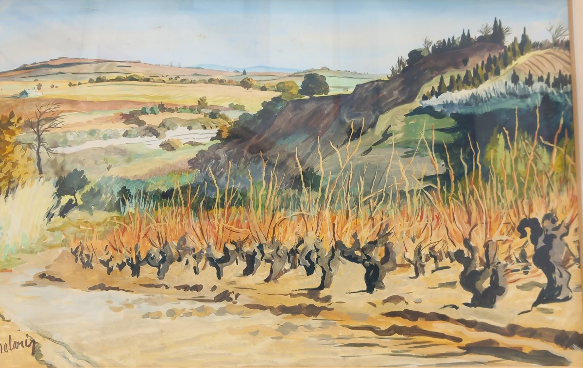Marcel Delaris 1911-1995 Landscape Provençal Vineyards Mixed Media On Paper