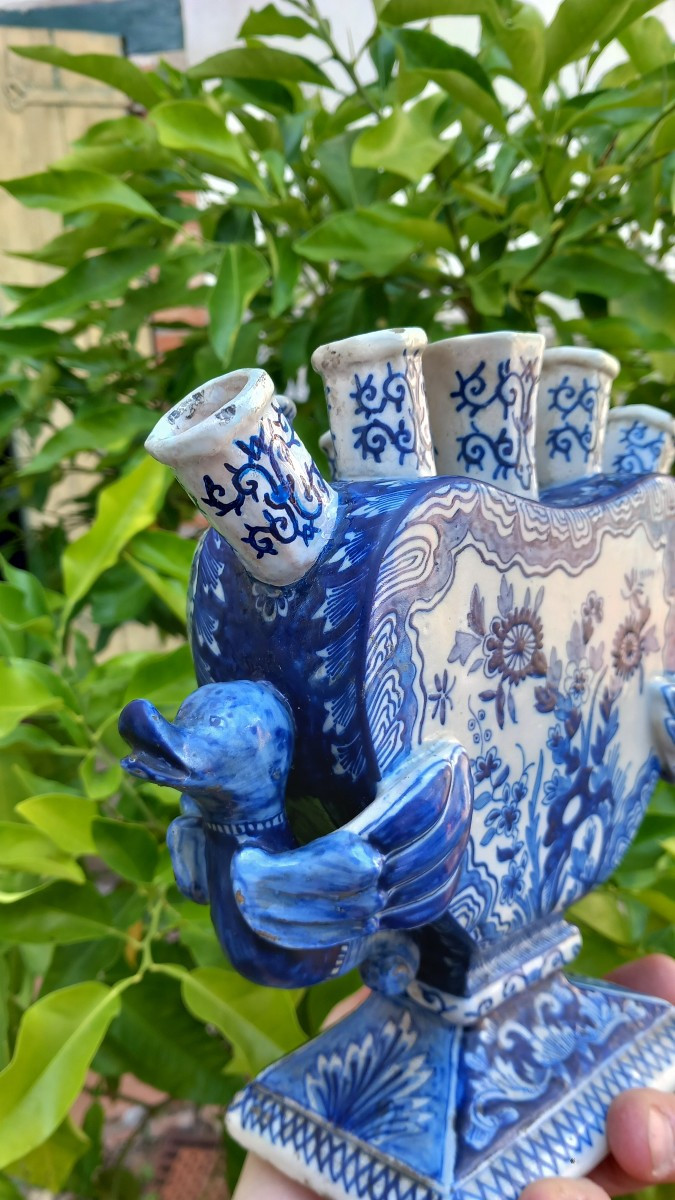 Tulipière en Faience de Strasbourg Hannong Style Delft XVIII Siècle Anses en Forme d'Oiseaux-photo-5