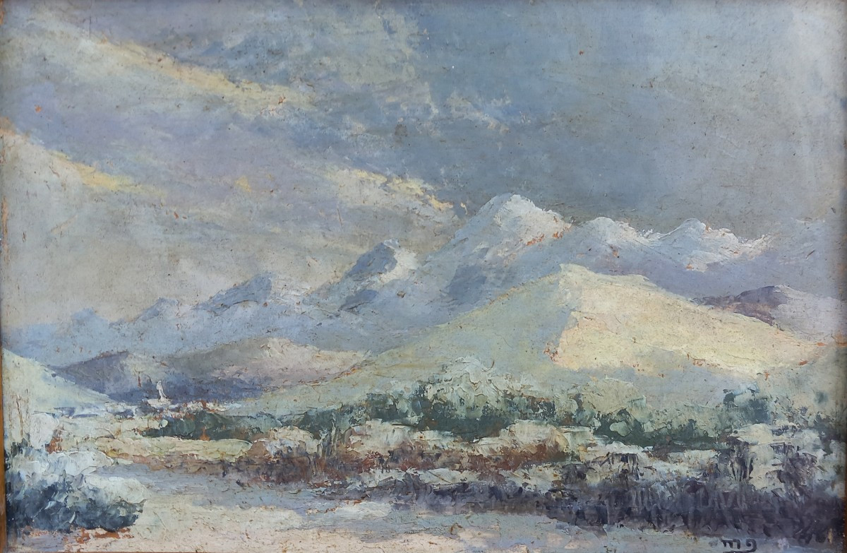 Snowy Mountain Landscape Oil On Snow Paper Signature Mg 19th Century