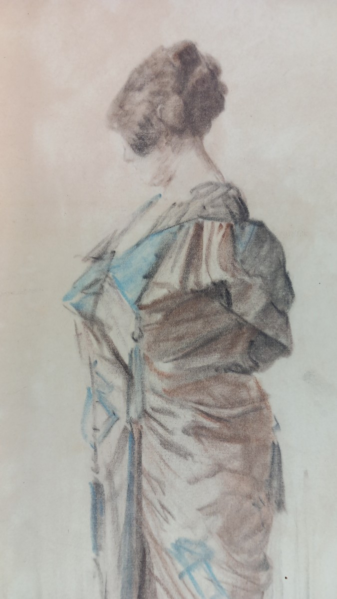 Study Of A Young Woman In A Dress Albert Larteau Signed Located 1915 Drawings On Paper -photo-2