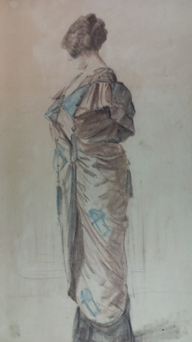 Study Of A Young Woman In A Dress Albert Larteau Signed Located 1915 Drawings On Paper 