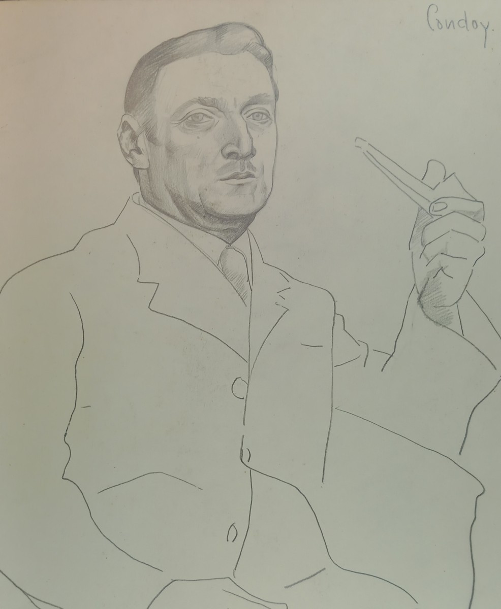Honorio García Condoy (1900-1953) Portrait d'Homme à Paris  à la Pipe Dessin  Art Déco 1940