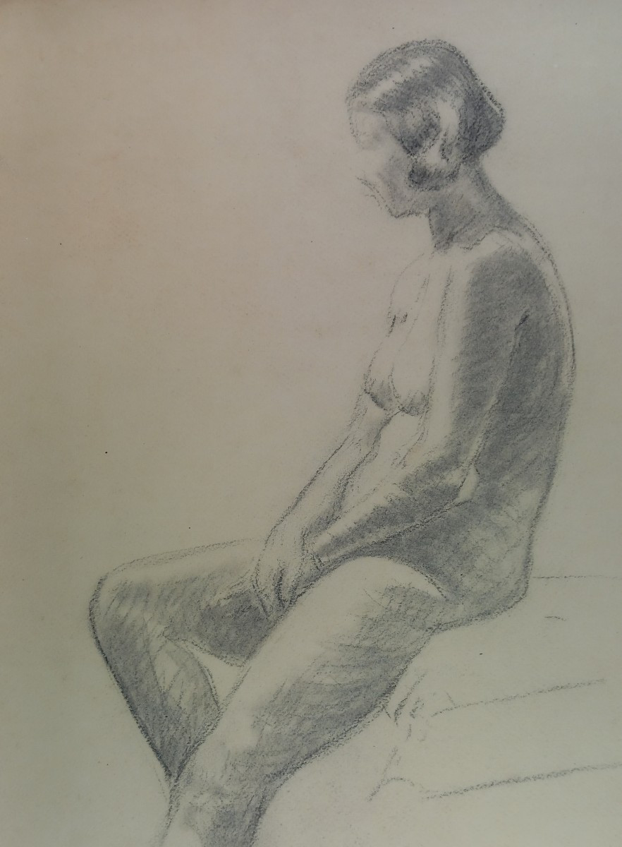 Silhouette Of A Young Nude Woman Drawing On Paper Art Deco 1930 