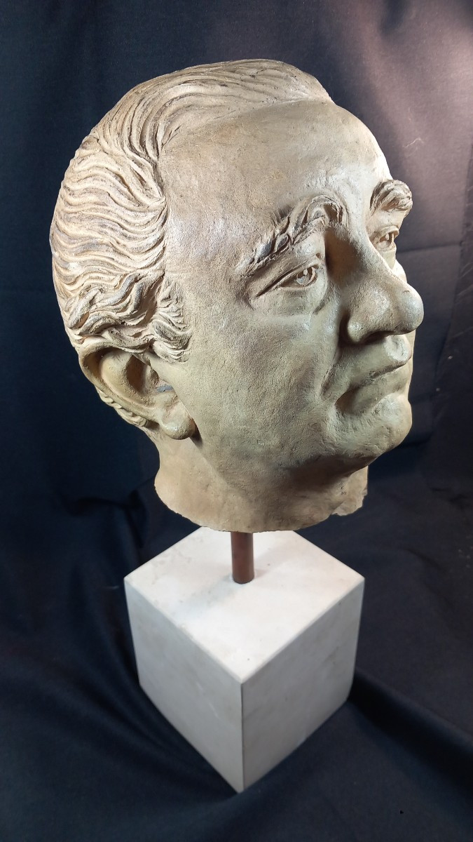 Terracotta Bust Of A Man On A Travertine Base, 20th Century -photo-3