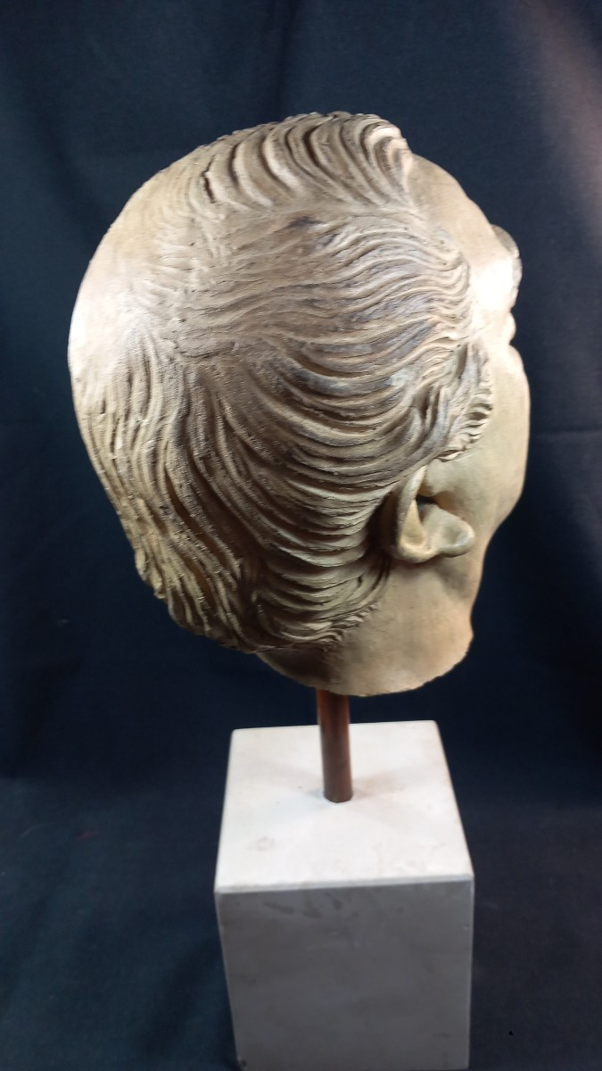 Terracotta Bust Of A Man On A Travertine Base, 20th Century -photo-1