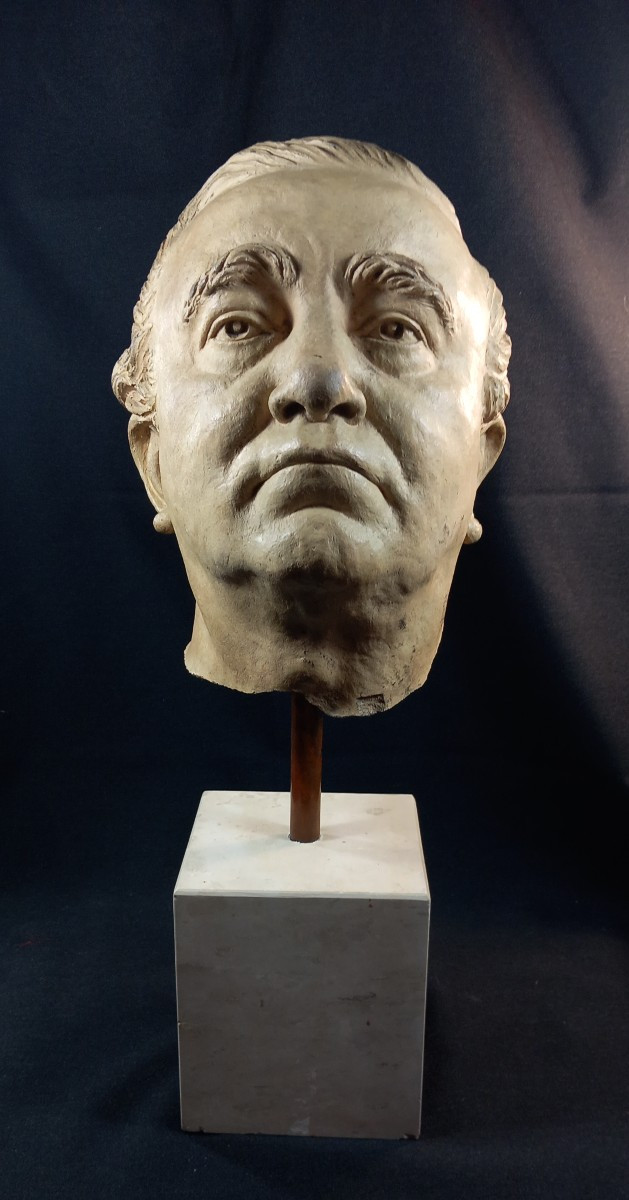 Terracotta Bust Of A Man On A Travertine Base, 20th Century 