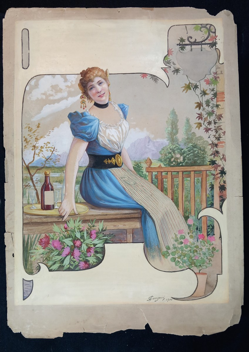 L.Cougnet ? Projet d'Affiche d'Alcool Digestif  Bière Liqueur Femme Gout Néo Renaissance XXe -photo-2