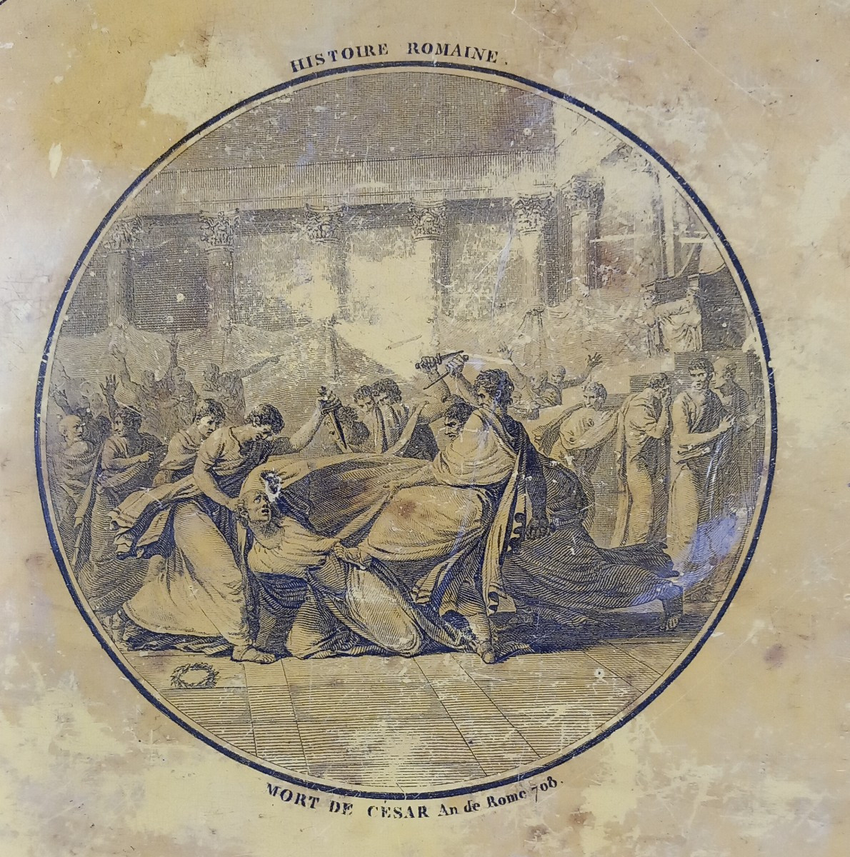 Plateau en Tole Lithographiée sur fond Couleur Camomille Histoire Romaine Grand Tour Italie-photo-2