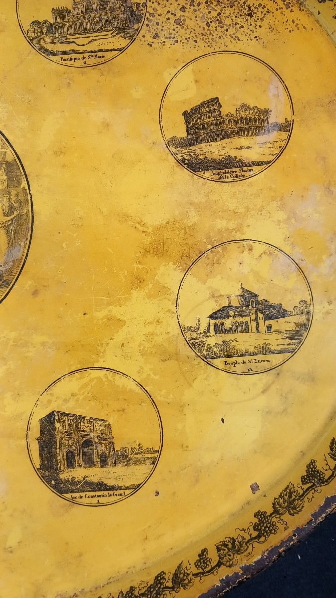 Plateau en Tole Lithographiée sur fond Couleur Camomille Histoire Romaine Grand Tour Italie-photo-3