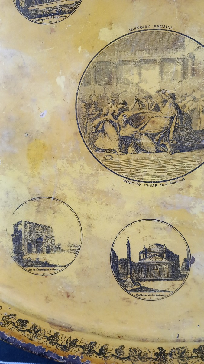 Plateau en Tole Lithographiée sur fond Couleur Camomille Histoire Romaine Grand Tour Italie-photo-4