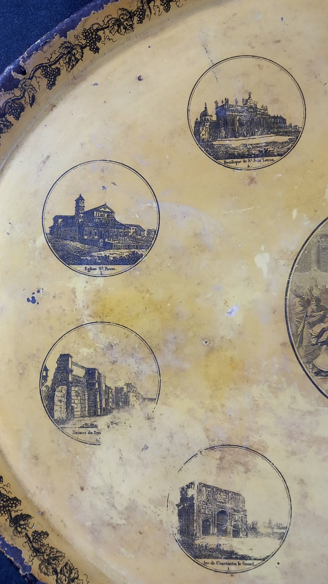 Plateau en Tole Lithographiée sur fond Couleur Camomille Histoire Romaine Grand Tour Italie-photo-1
