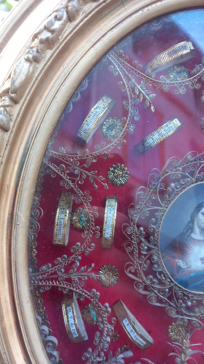 Multiple Reliquary Oval Frame Stuccoed 16 Relics Seals Sacred Heart 19th Century  -photo-1