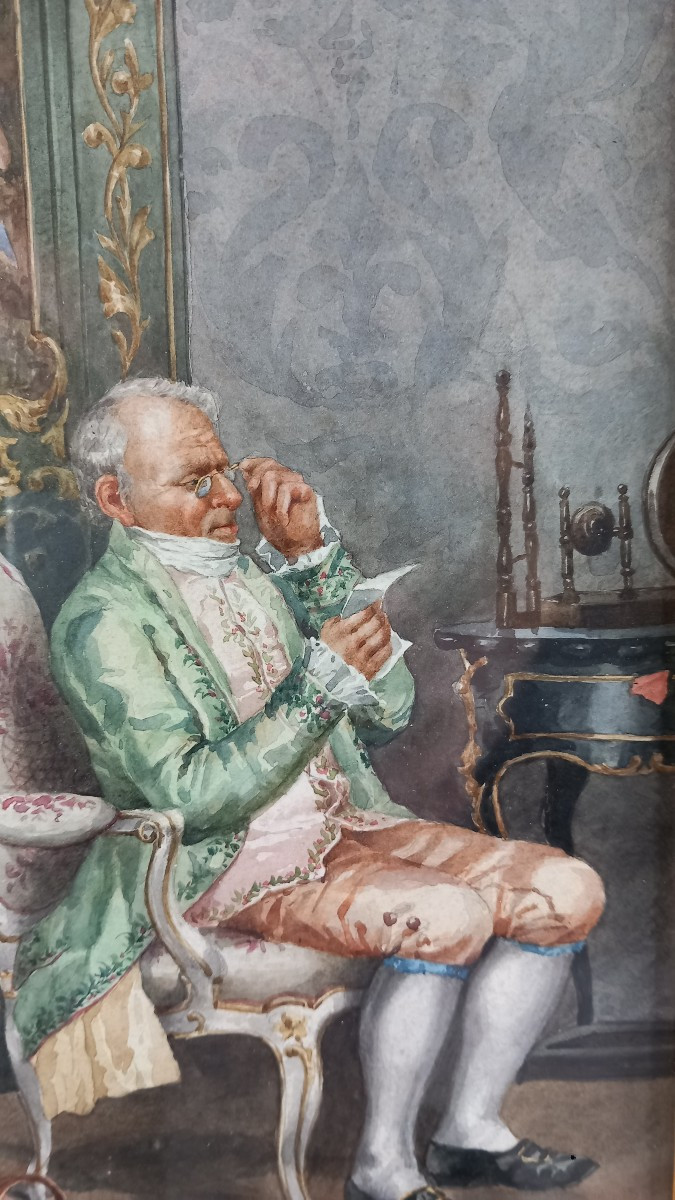 Pierre Albert ROBERTI "La Lecture du Billet" Aquarelle sur Papier Cadre Empire XIXe Scène Genre-photo-2