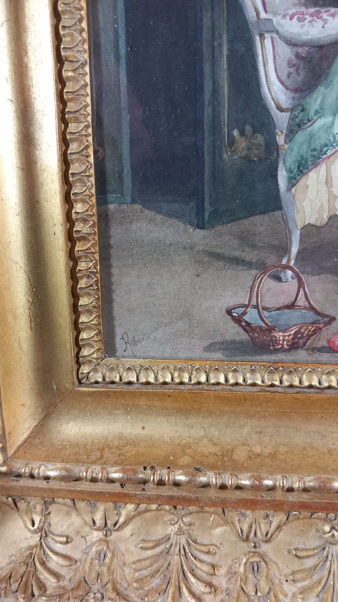 Pierre Albert ROBERTI "La Lecture du Billet" Aquarelle sur Papier Cadre Empire XIXe Scène Genre-photo-3