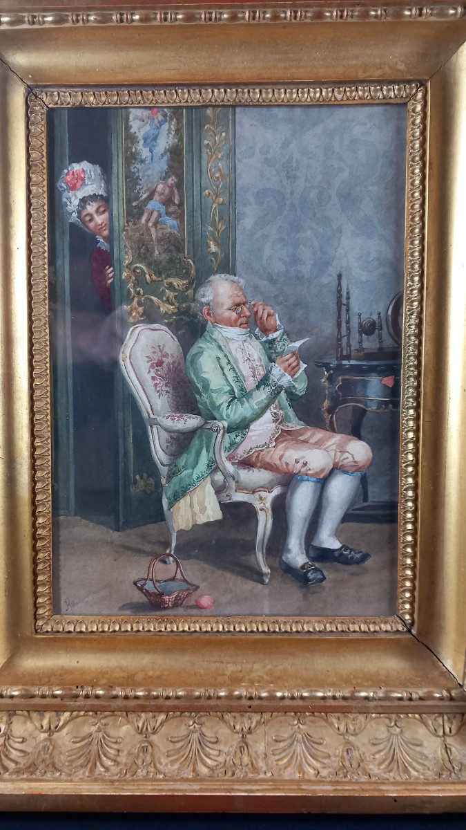 Pierre Albert ROBERTI "La Lecture du Billet" Aquarelle sur Papier Cadre Empire XIXe Scène Genre-photo-4