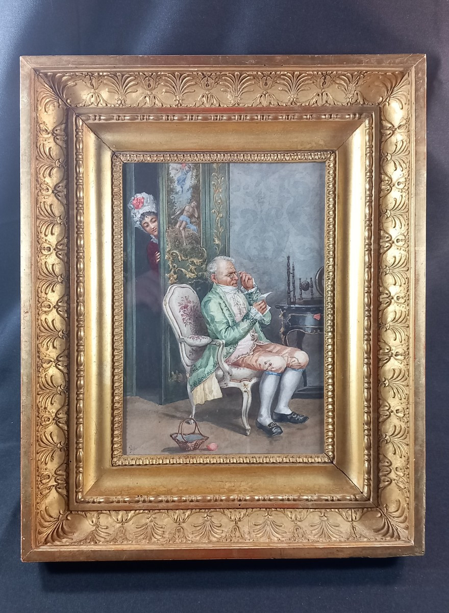 Pierre Albert ROBERTI "La Lecture du Billet" Aquarelle sur Papier Cadre Empire XIXe Scène Genre