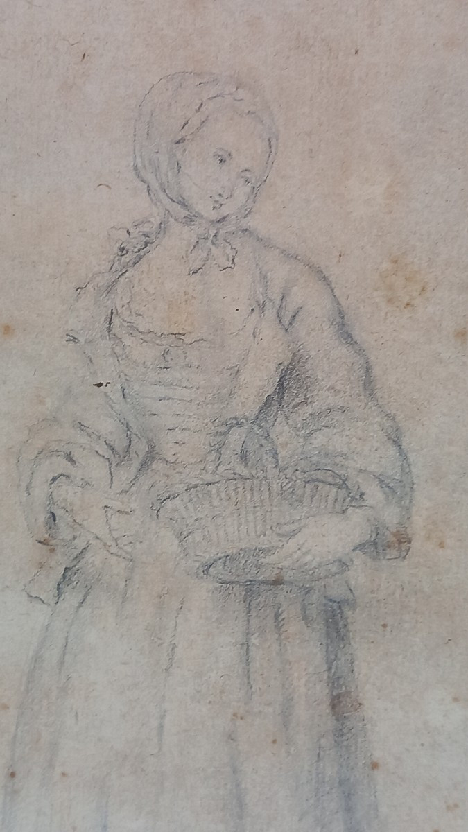 Etienne Jeaurat (att.) Young Merchant Drawing On Paper French School 18th Century Costume