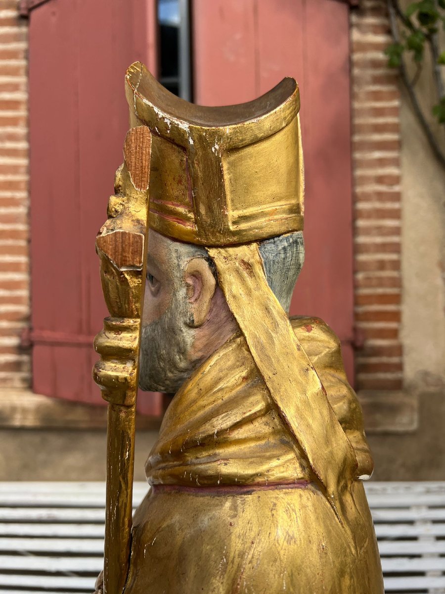 Statue Saint Eveque Bois Polychrome Sculpté Reliquaire XVIIIe Siècle -photo-3