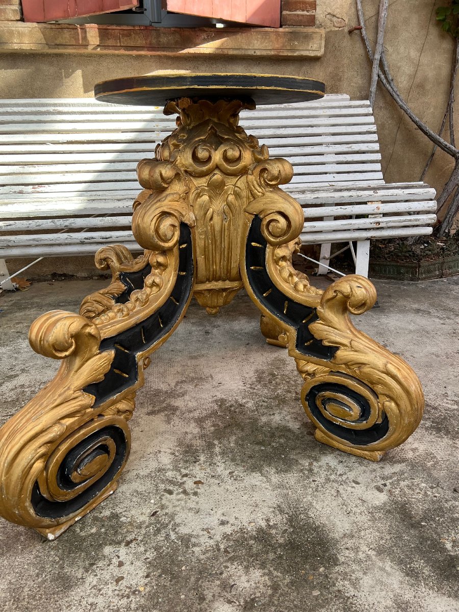Socle Pied de Candelabre de Cathédrale ou Lutrin Baroque Bois Polychrome Doré XVIIIe -photo-2