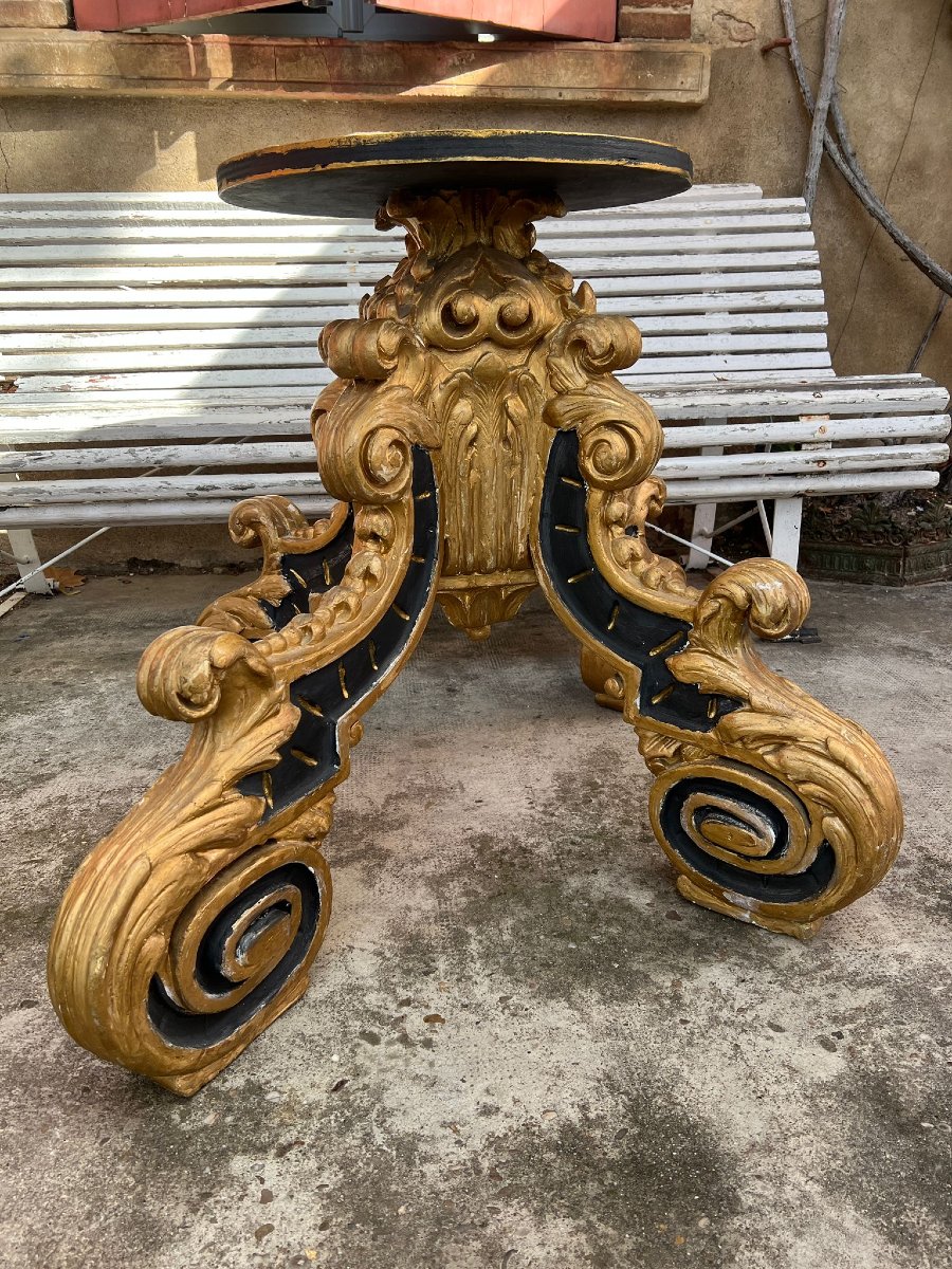 Socle Pied de Candelabre de Cathédrale ou Lutrin Baroque Bois Polychrome Doré XVIIIe -photo-3
