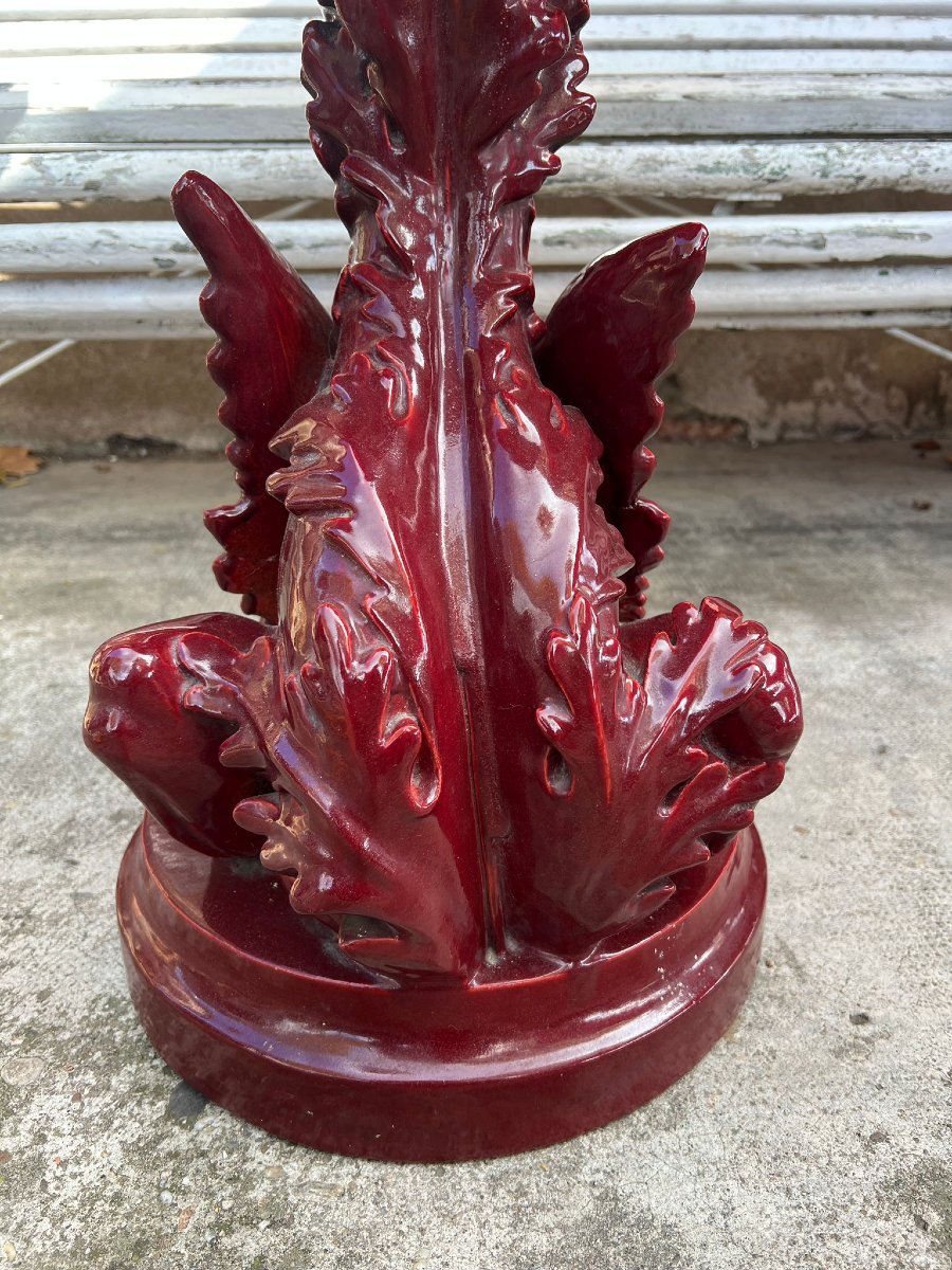 Léon Castel (1841-1903) Faiencerie Du Mont Chevalier Cachepot On Its Stand Garnet Color-photo-3