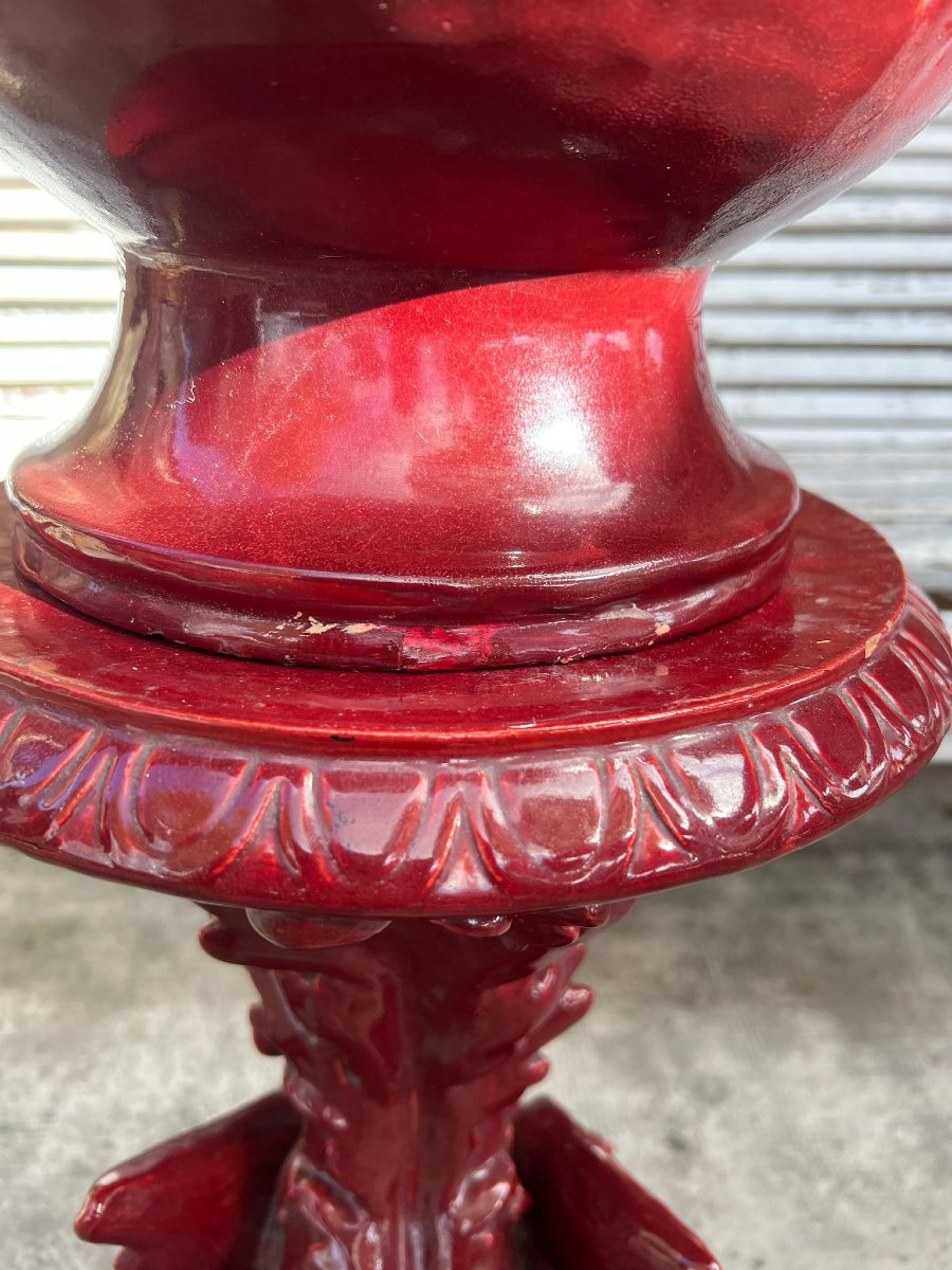 Léon Castel (1841-1903) Faiencerie Du Mont Chevalier Cachepot On Its Stand Garnet Color-photo-1