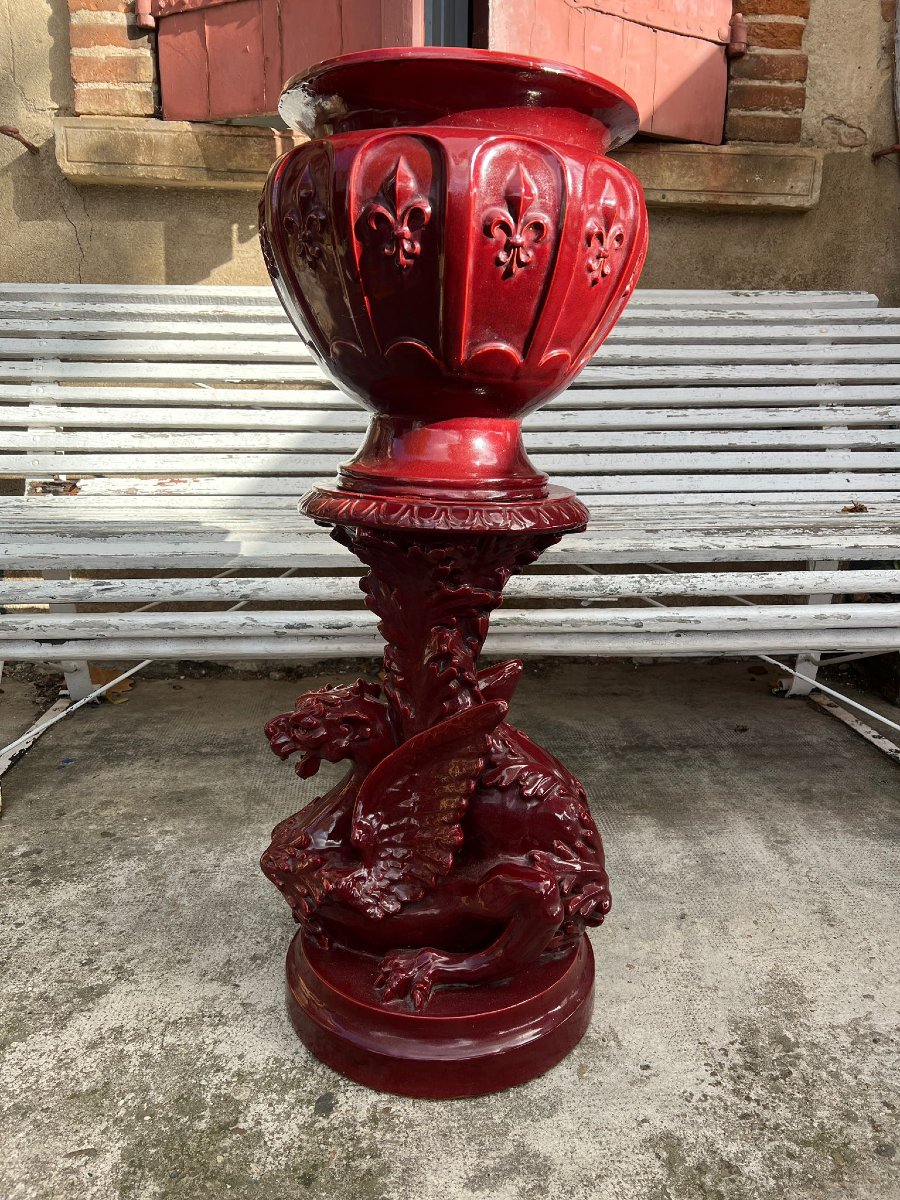 Léon Castel (1841-1903) Faiencerie Du Mont Chevalier Cachepot On Its Stand Garnet Color-photo-2