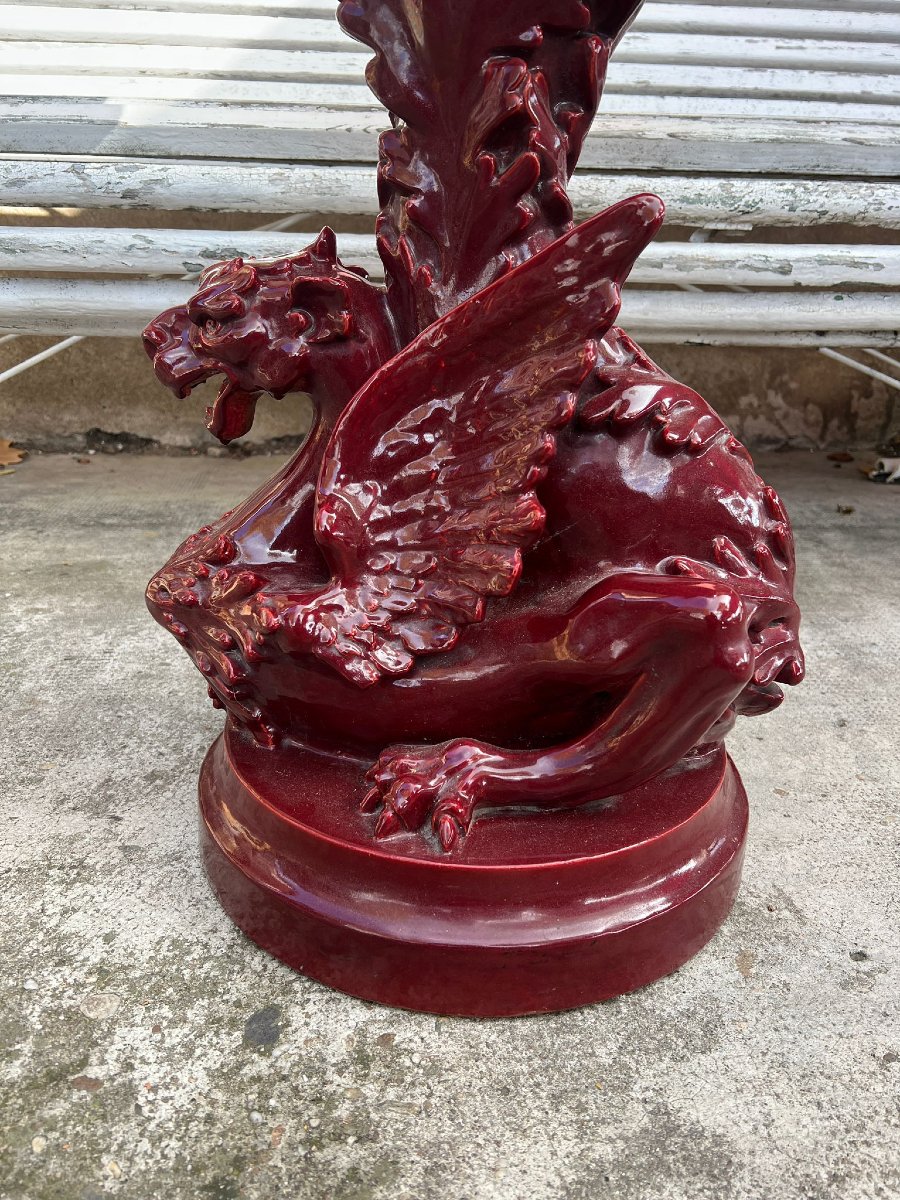 Léon Castel (1841-1903) Faiencerie Du Mont Chevalier Cachepot On Its Stand Garnet Color-photo-4