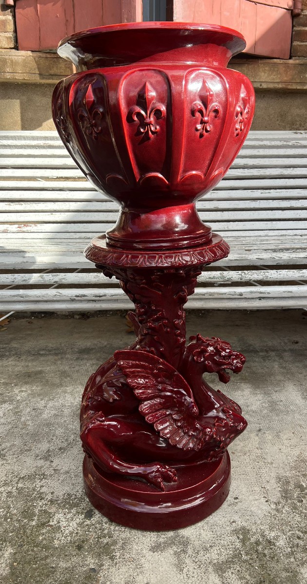 Léon Castel (1841-1903) Faiencerie Du Mont Chevalier Cachepot On Its Stand Garnet Color