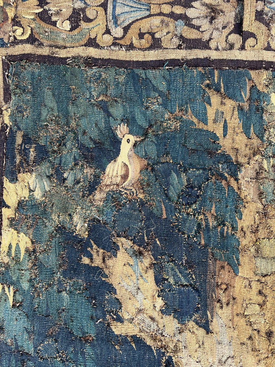 Portière en Tapisserie Aubusson XVIIe Verdure Oiseaux Chateaux Bordure -photo-4