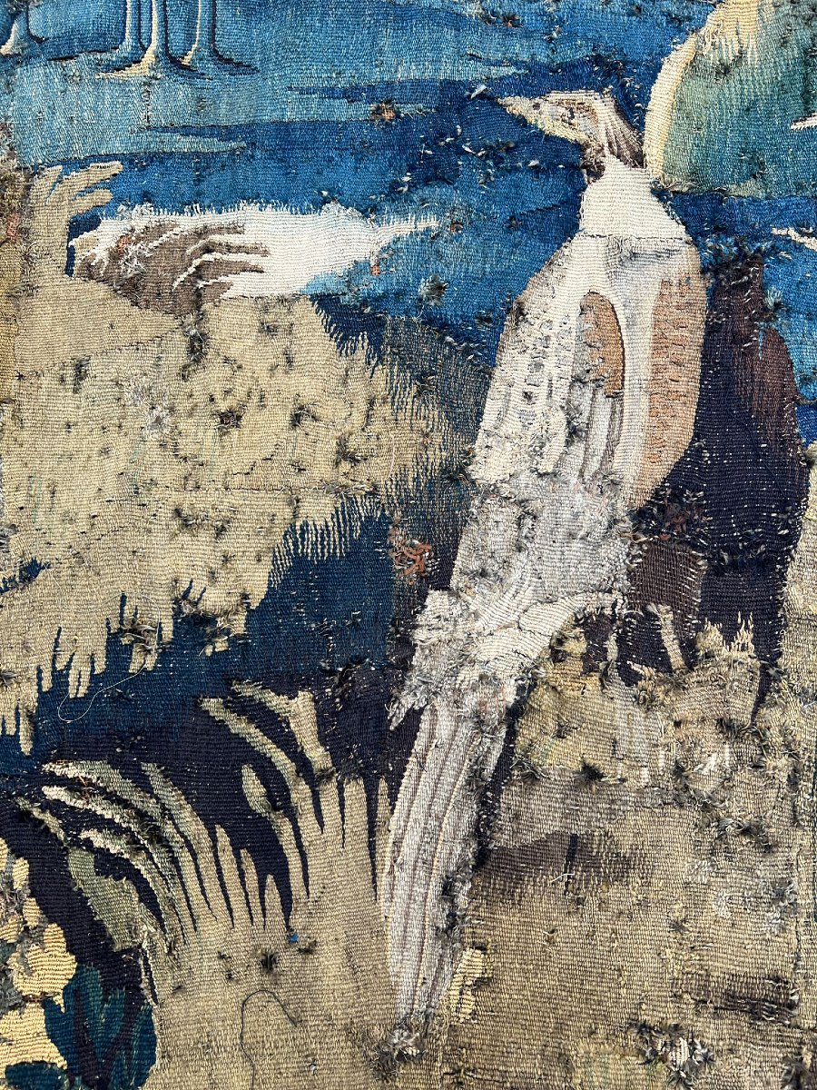 Portière en Tapisserie Aubusson XVIIe Verdure Oiseaux Chateaux Bordure -photo-1