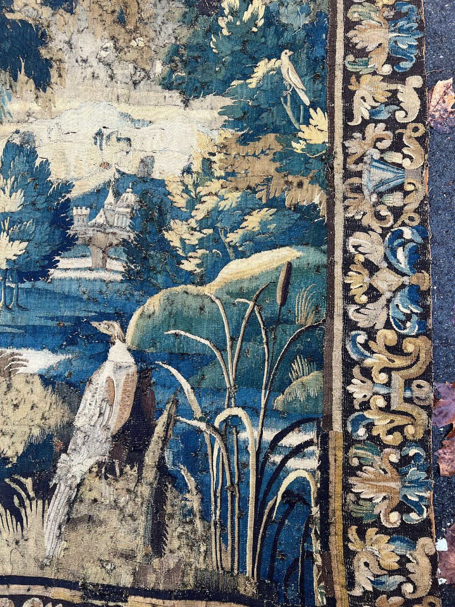 Portière en Tapisserie Aubusson XVIIe Verdure Oiseaux Chateaux Bordure -photo-2