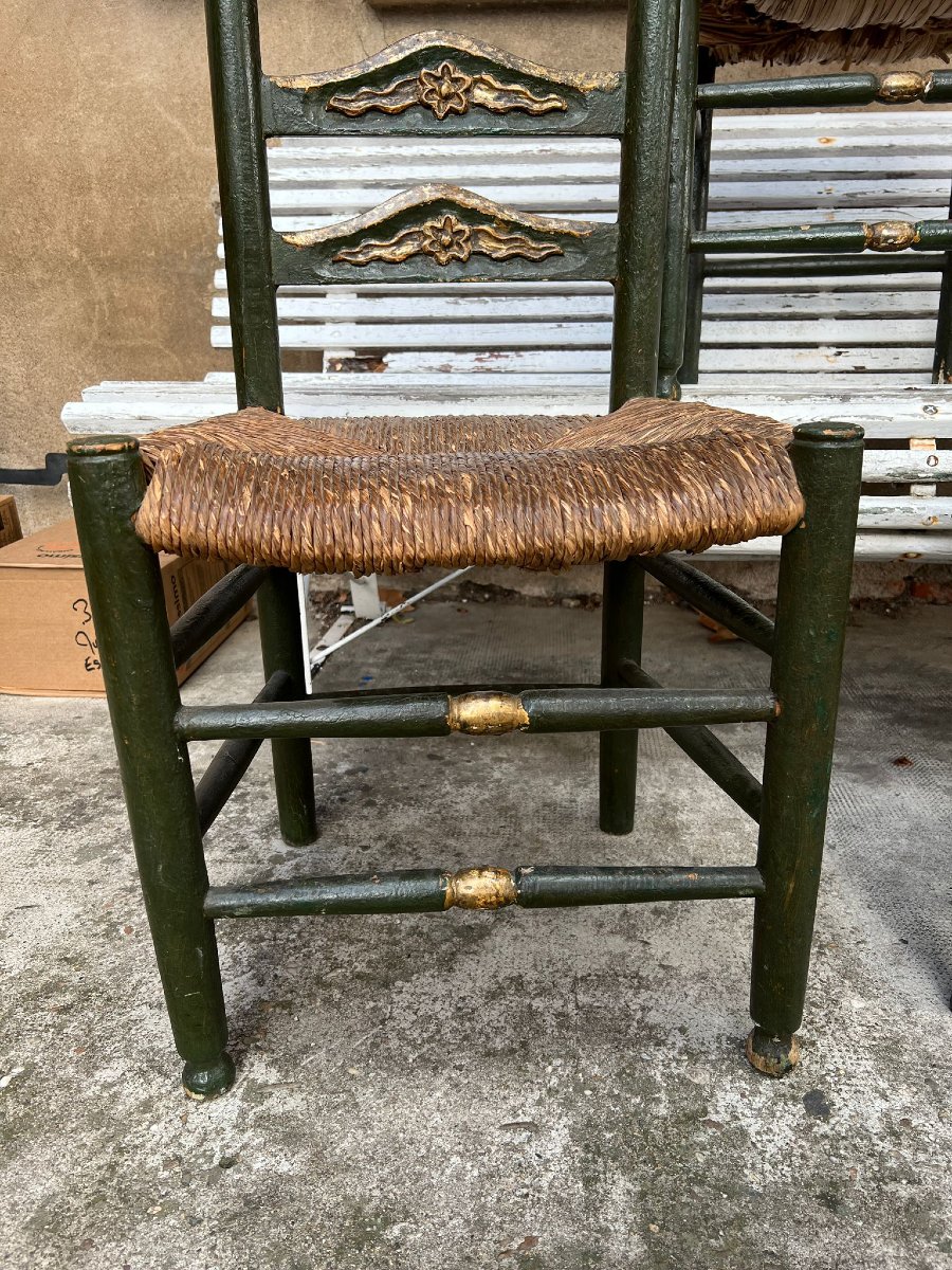 Suite de Trois Chaises Paillées en Bois Polychromes et Dorées XVIIIe Siècle Espagne -photo-2