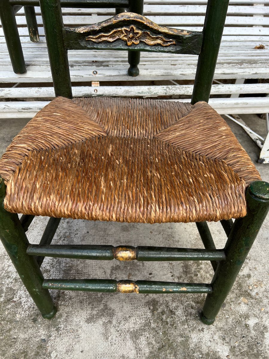Suite de Trois Chaises Paillées en Bois Polychromes et Dorées XVIIIe Siècle Espagne -photo-6
