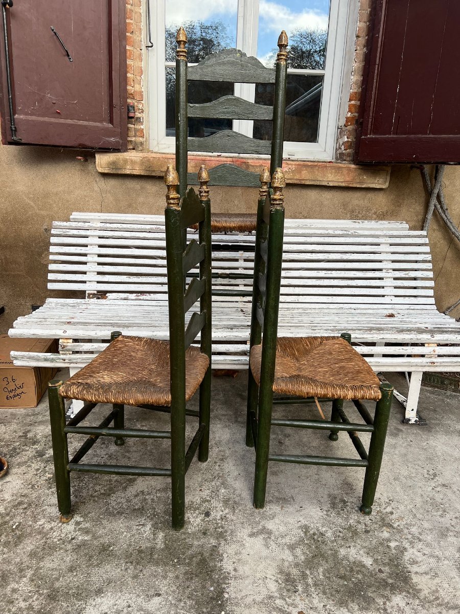 Suite de Trois Chaises Paillées en Bois Polychromes et Dorées XVIIIe Siècle Espagne -photo-7