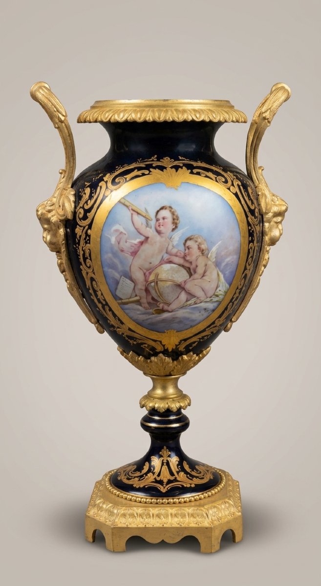 Sèvres Porcelain Vase With Bronze Mount, Napoleon III Style, Painted With Cherubs And Depicting Science And Astronomy.
