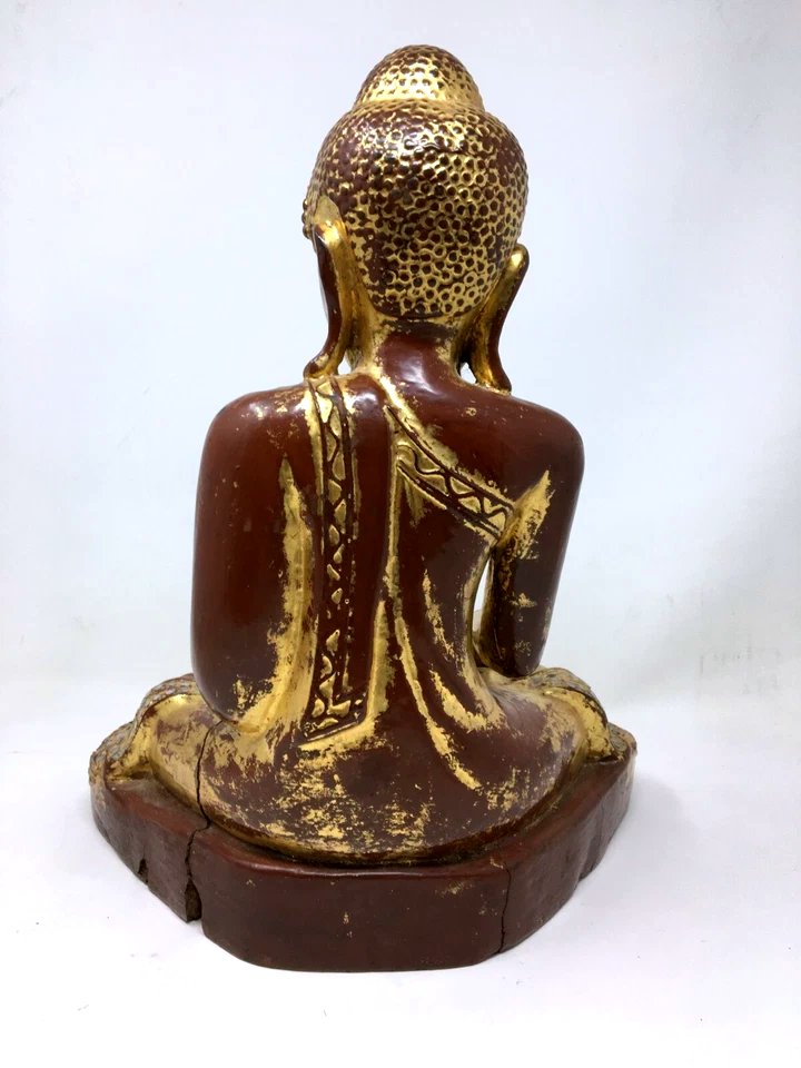 Bouddha Sakyamuni Birman en Bois Sculpté et Doré Art d'Asie Statue Birmanie Temple-photo-3