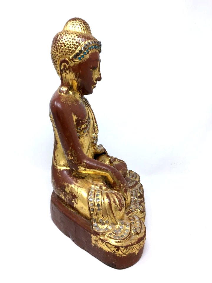 Bouddha Sakyamuni Birman en Bois Sculpté et Doré Art d'Asie Statue Birmanie Temple-photo-4