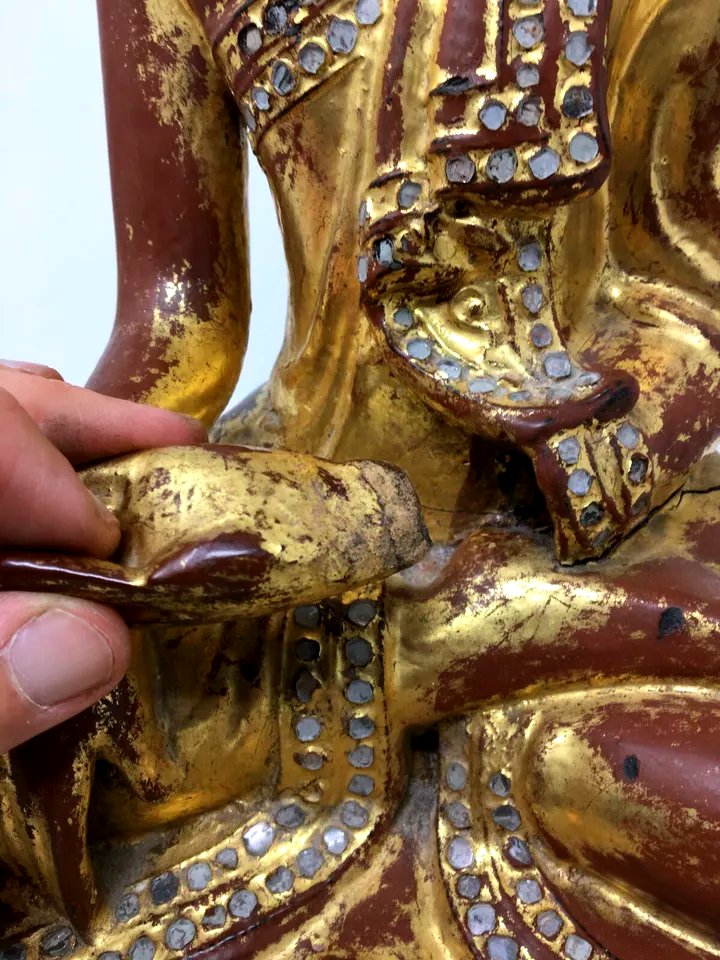 Bouddha Sakyamuni Birman en Bois Sculpté et Doré Art d'Asie Statue Birmanie Temple-photo-2