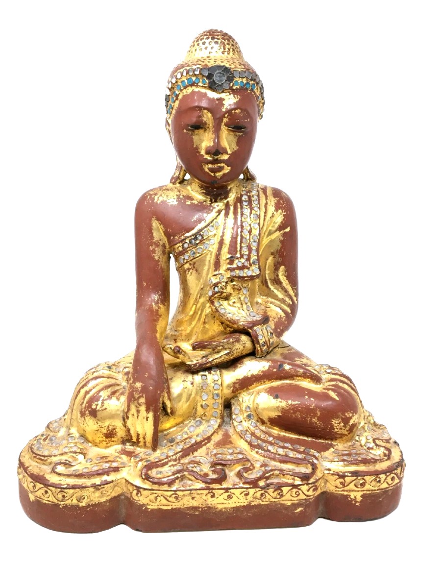 Bouddha Sakyamuni Birman en Bois Sculpté et Doré Art d'Asie Statue Birmanie Temple