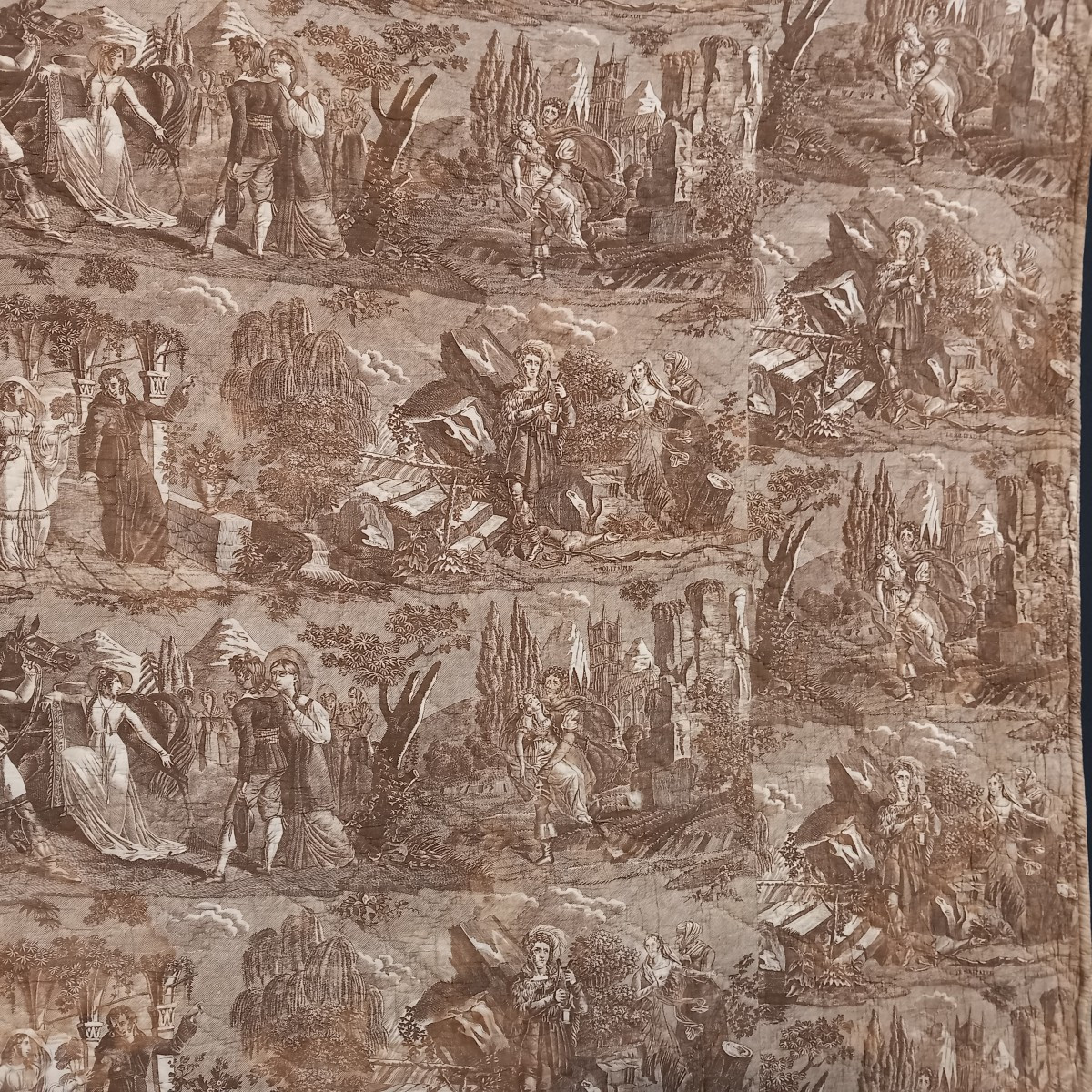 Boutis En Toile de Jouy Imprimée XIXe Siècle Motif "Le Solitaire" Couleur Café -photo-3