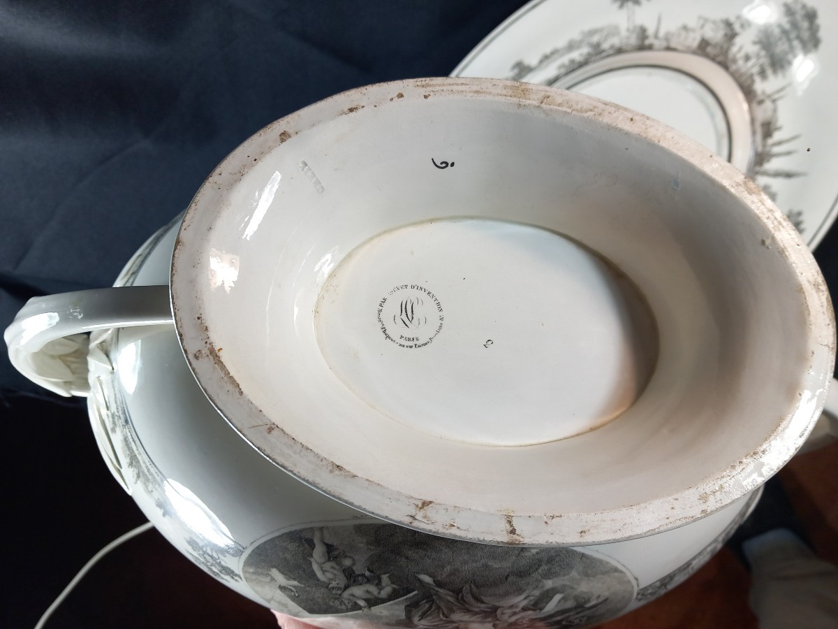 Giant Soup Tureen And Display Stand Creil Earthenware Stone Coquerel Legros Empire Mercure Bacchus Ino-photo-2