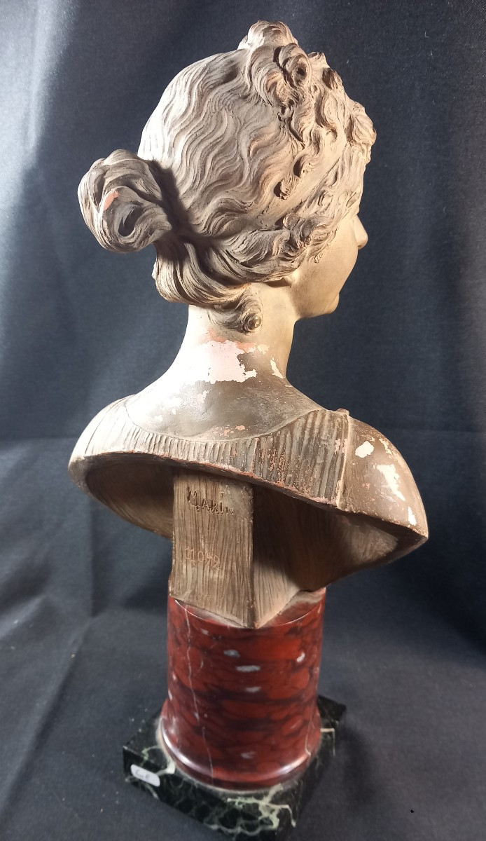 Joseph Charles Marin (1759-1834) Bust Of A Young Girl Terracotta Pedestal Black Breccia Marble-photo-3