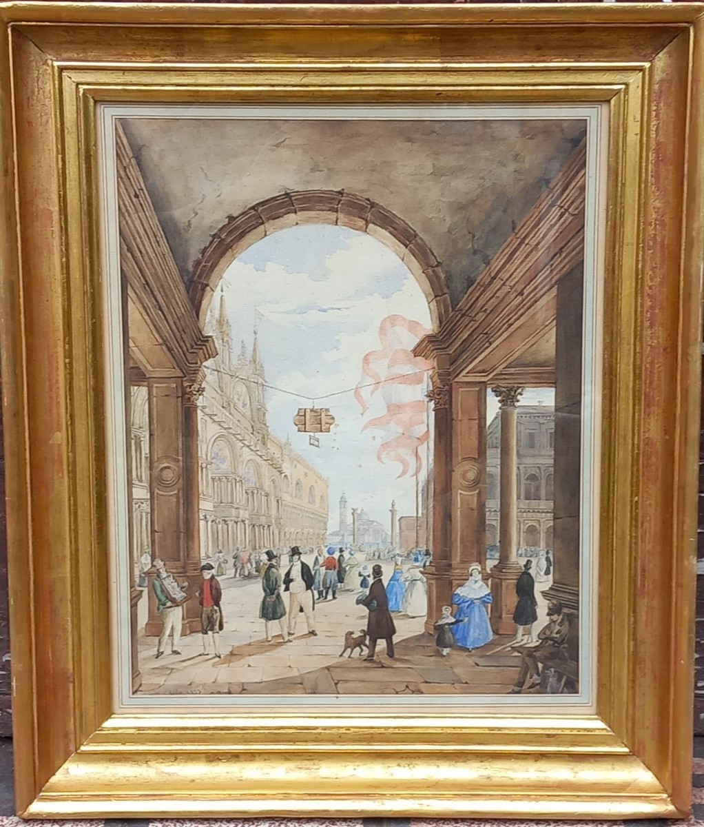 Vue de la Place  Saint Marc à Venise en Italie Souvenir Grand Tour XIXe Siècle 