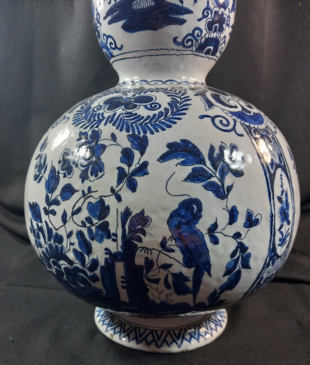 Grand Vase Balustre en Faience de Delft Signé XVIIIe ou XIXe Siècle Décor Oiseaux Bouquets-photo-3
