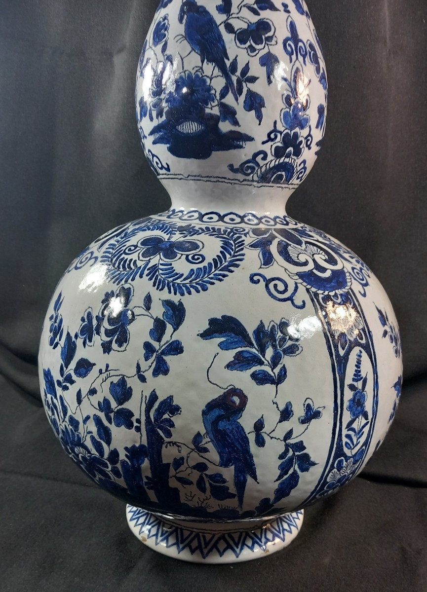 Grand Vase Balustre en Faience de Delft Signé XVIIIe ou XIXe Siècle Décor Oiseaux Bouquets-photo-4