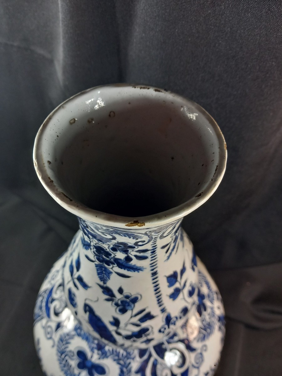 Grand Vase Balustre en Faience de Delft Signé XVIIIe ou XIXe Siècle Décor Oiseaux Bouquets-photo-1