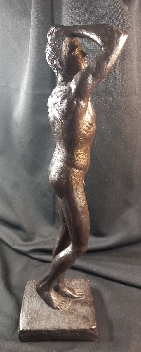 Statue Homme Nu Athlète Sculpture Terre Cuite Patinée XXe Austin Prod 1965 Vintage-photo-3