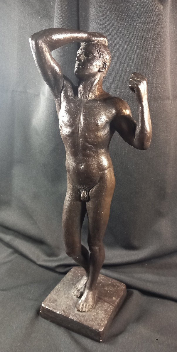 Statue Homme Nu Athlète Sculpture Terre Cuite Patinée XXe Austin Prod 1965 Vintage